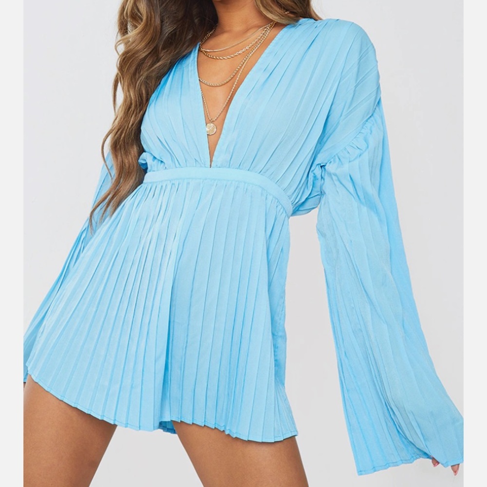 LAST DAY TO PURCHASE! PrettyLittleThing Bright Blue Plunge Pleated Romper
